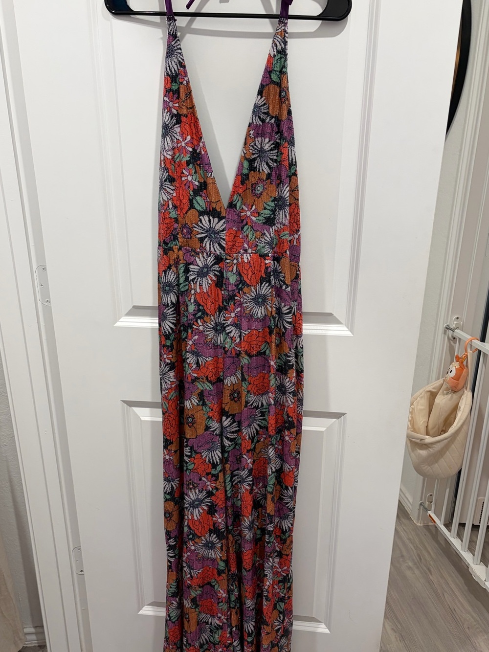 Cider Floral V-Neck Halter Jumpsuit in Orange, Purple, Green and White